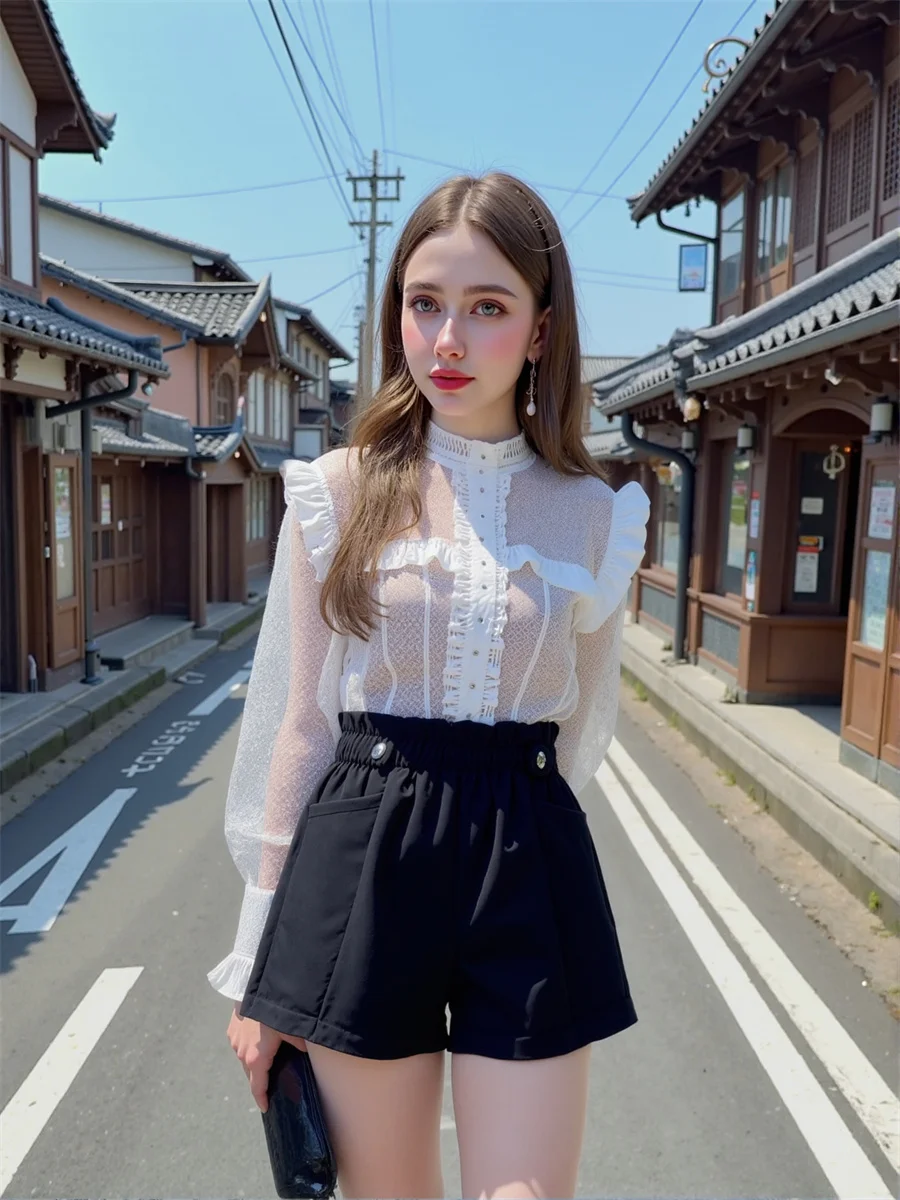 Preto de lã perna larga shorts das mulheres cintura alta carga americano grande bolso solto moda calças streetwear na moda denim verão