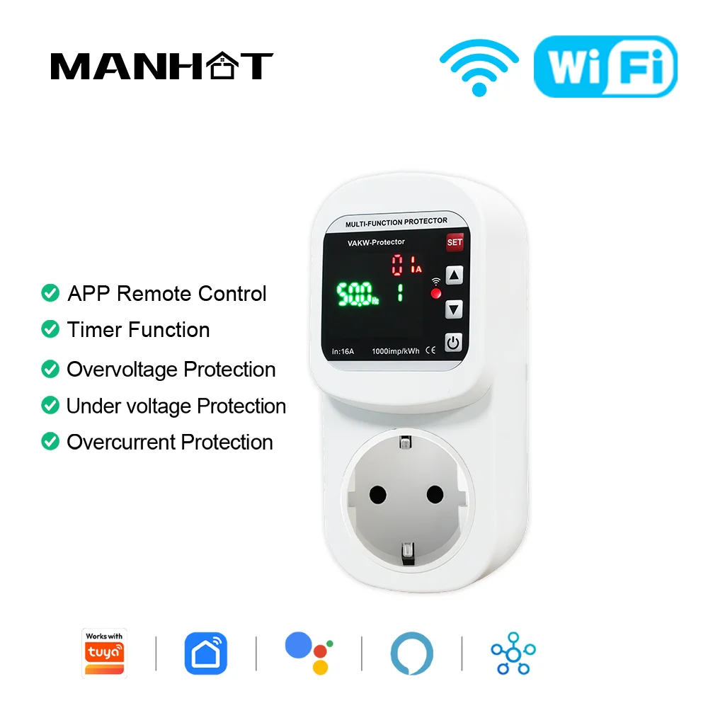 

For Tuya Smart WIFI Voltage Protector Socket Adjustable AC110V 16A EU Plug Overvoltage Protective Device Undervoltage Protection