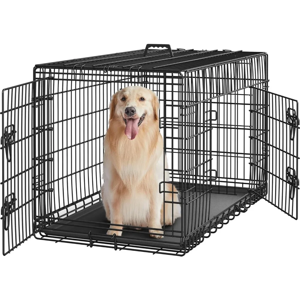 Double Door Dog Crate W/Divider for Puppy To Adult Collapsible Metal, with Removable Tray Wire Dogs Kennel Pet Crate, Cages