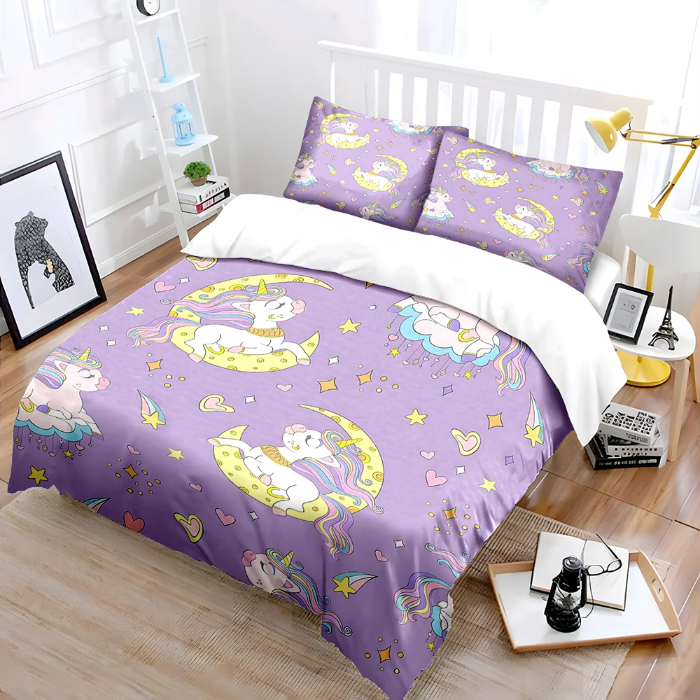 Dreamy Unicorns with Moon Background Print Bedding Set 1 Duvet Cover 2 Pillowcases for Adult and Children Luxury Gift Full Size