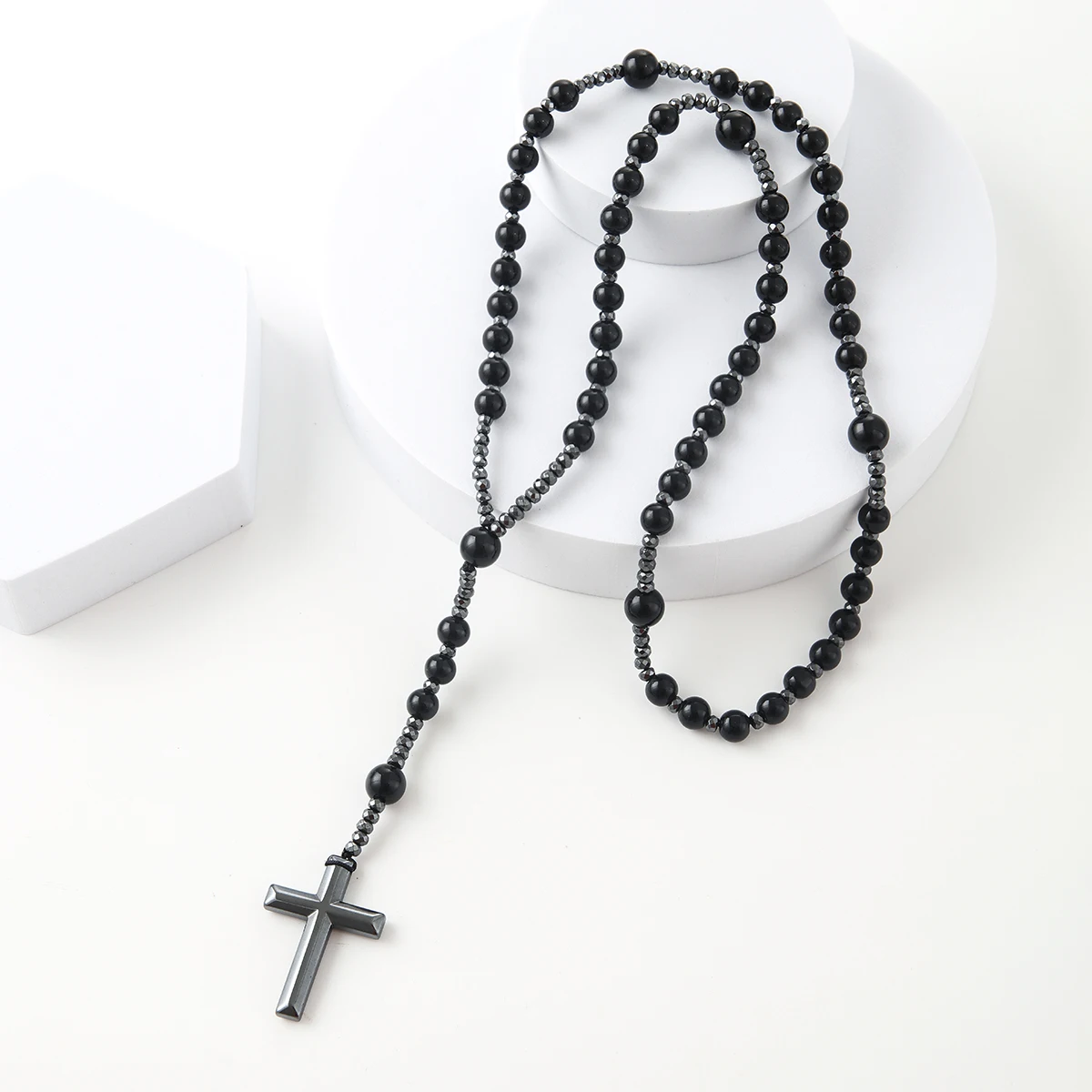 Wholesale Stone Crystal Catholic Rosary Beads Necklace, Beaded Black Rosary Necklaces Jewelry for Women Men