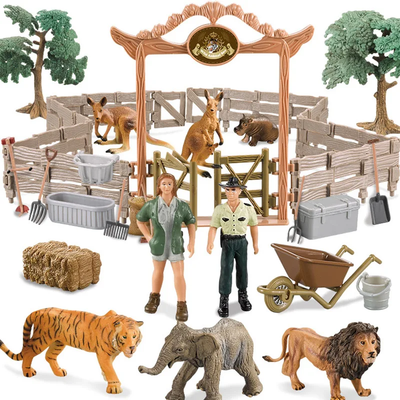 Simulation Wildlife Farm Set Wild Animals Model Action Figures Zoo Lion Kangaroo Tiger Elephant Stockman Figurine Toys Kids Gift