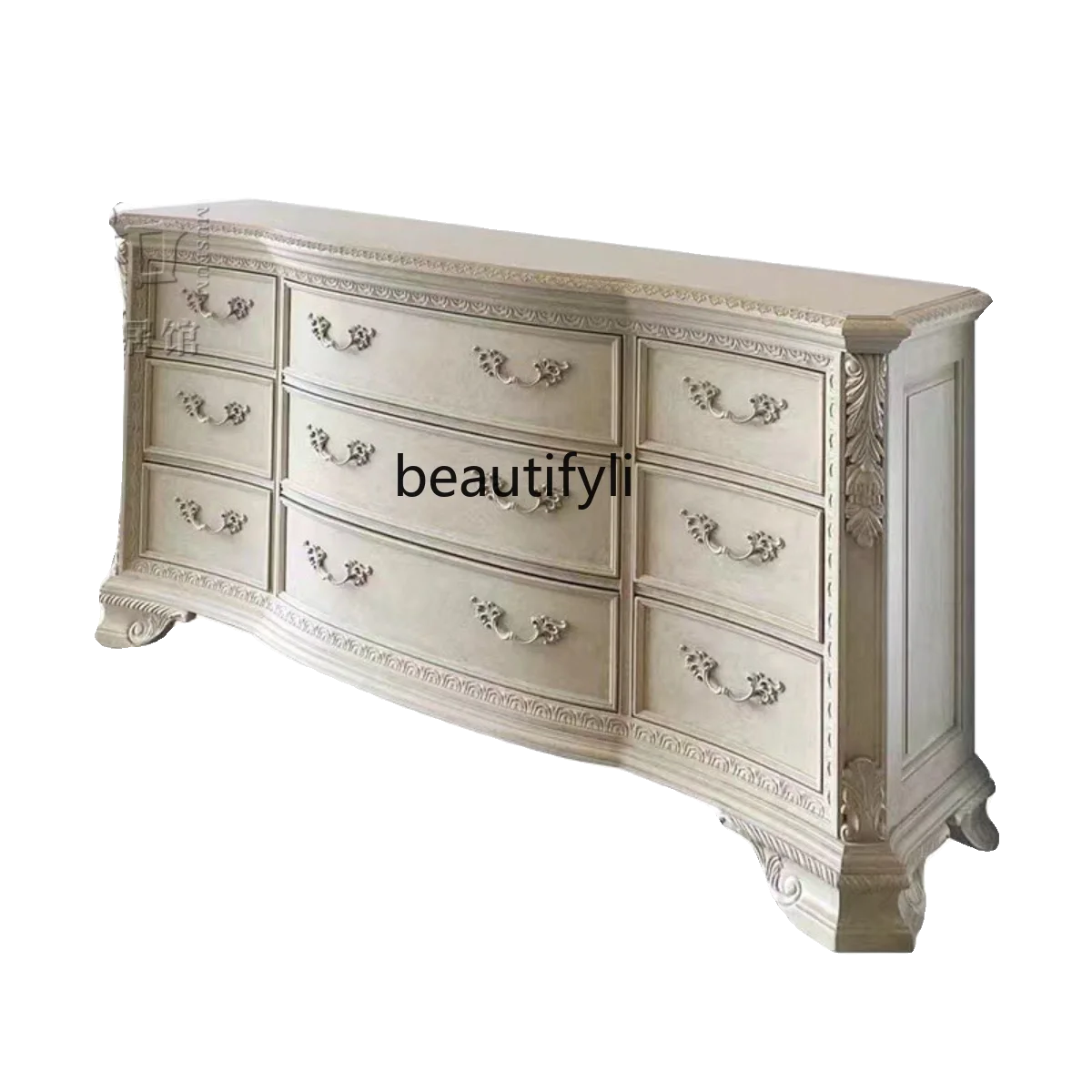 

American Light Luxury Solid Wood French Country Retro Distressed Carved Dressing Table Storage Chest of Drawers