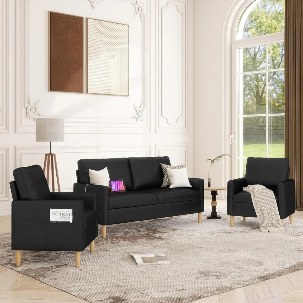 

"66" Black Faux Leather Sofa - Mid-Century Loveseat w/ USB, 3-Piece Set"​