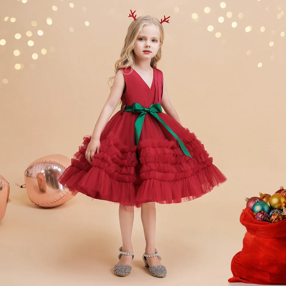 Christmas Kids Dresses for Girls Lace Mesh Sleeveless Solid Color Girl Evening Gown Summer Children Girls Party Dress 1-7 Years