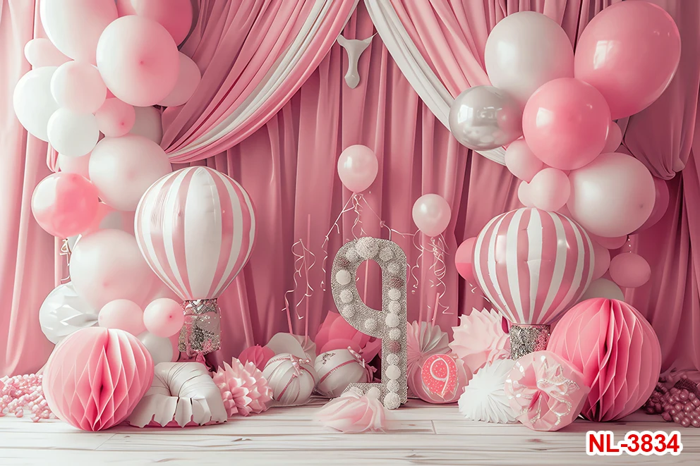 الوردي حفلة عيد ميلاد كعكة سحق بريق 10th 9th 8th الخلفيات التصوير الفوتوغرافي الهدايا الفتيات بالونات الخلفيات استوديو فوتوزون