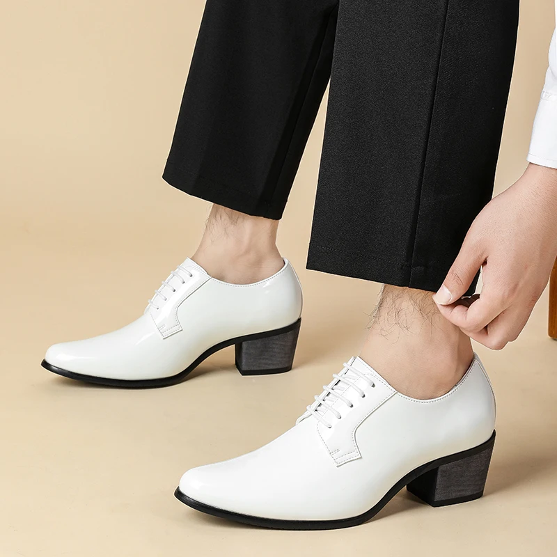 Men's Evening Cuban Heel Oxford Shoes 38-46 Patent Leather Elevated Block Heel Formal Wedding Daily Footwear White Black Full