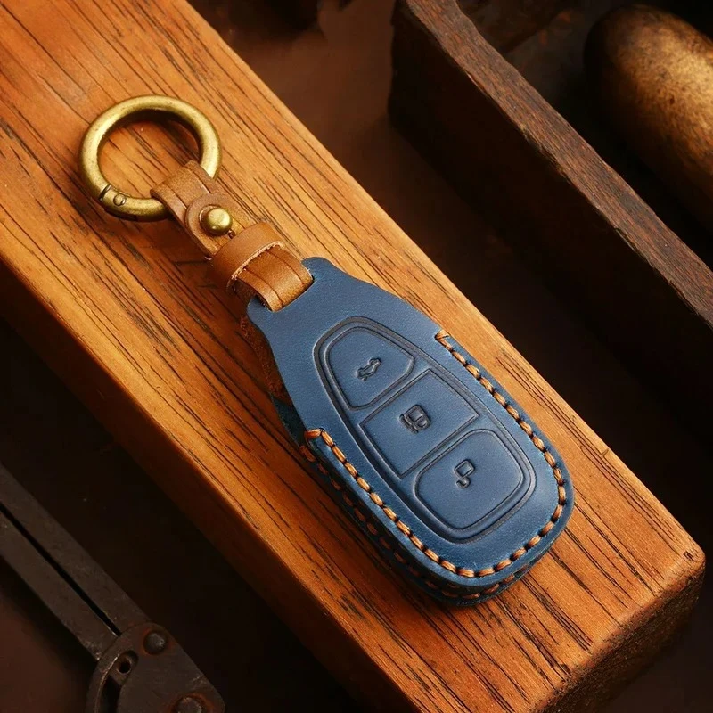 Top Grain Leather Key Case for Ford Kuga EcoSport Focus Fiesta, Full Enclosed Anti-Scratch Key Fob Cover with Metal Ring - view 3