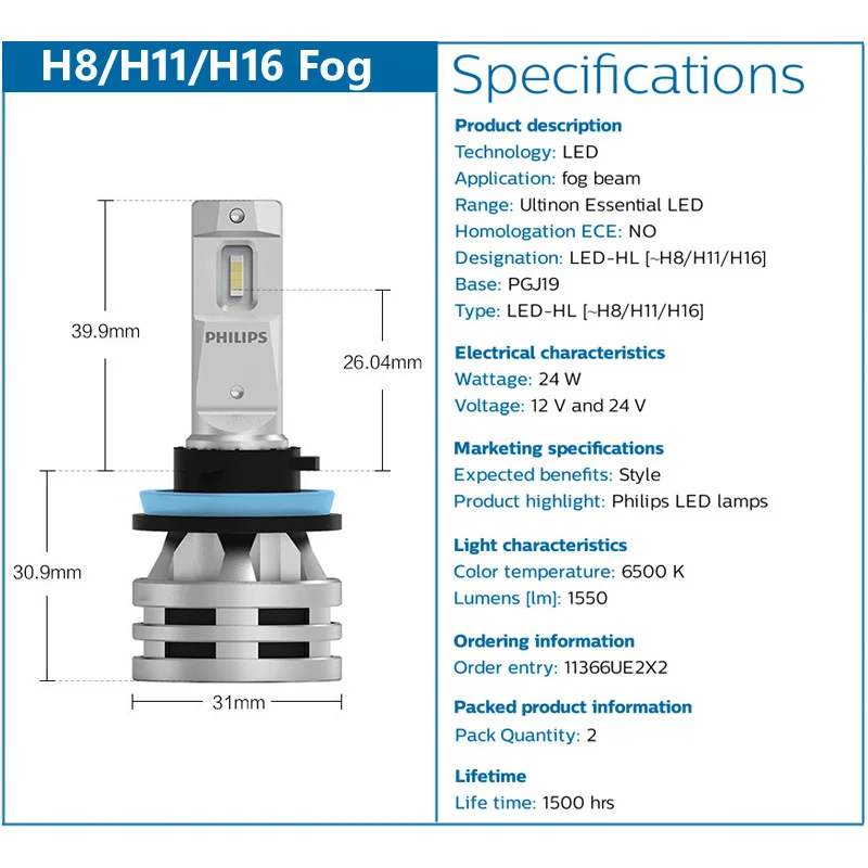 2X Philips Ultinon Essential G2 LED H8 H11 H16 12/24V 24W PGJ19 Car Headlights Fog Lamps 6500K White Genuine Bulbs 11366UE2X2