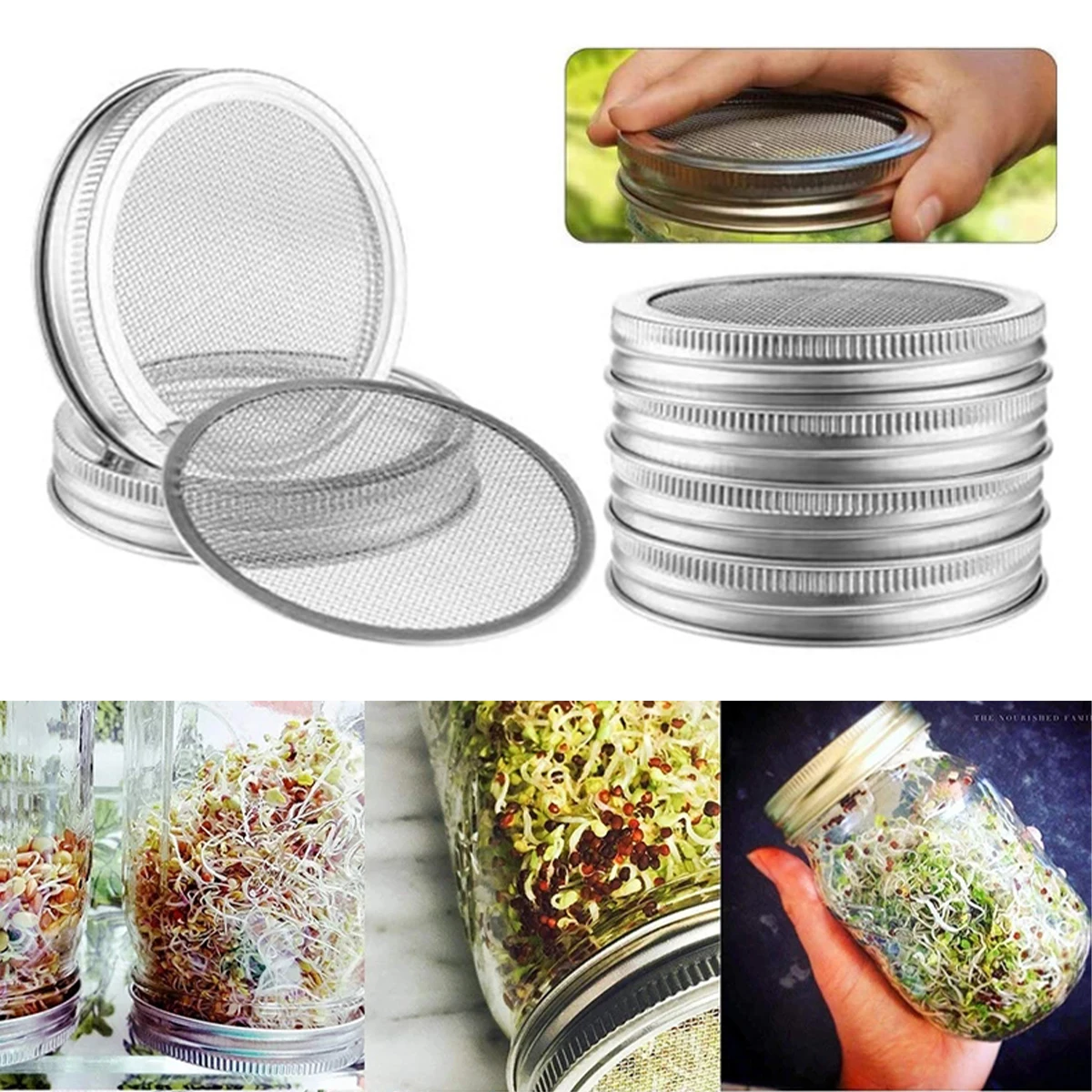 1/2 Pcs Seed Sprouter Germination Cover Stainless Steel Seed Sprout Can Lid Washable Wide Mouth Mason Jars Screen for Grow Bean