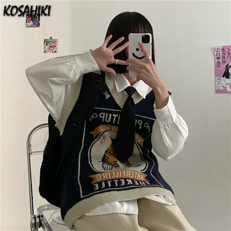 KOSAHIKI-Chaleco de gato Kawaii para mujer, suéter de punto, ropa de calle, elegante, moda universitaria, combina con todo, Harajuku, Y2k, Chandails