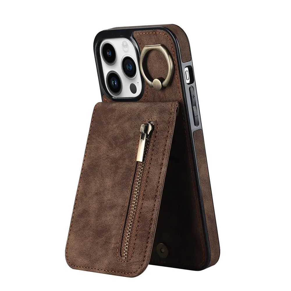 Reißverschluss Kartenhalter Leder Brieftasche Handyhülle für iPhone 14 15 16 Pro Max 12 11 13 XS X XR 8 7 Plus Anti-Drop Kickstand Cover