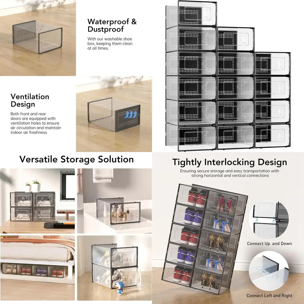 

15-Pack Clear Stackable Shoe Boxes with Lids for Closet Storage - Black Plastic Shoe Organizer