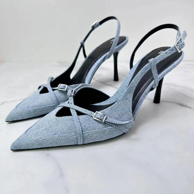 Sandalias de tacón alto con lazo azul para mujer, zapatos de tacón sexis con talón descubierto y punta, novedad de verano 20224, sandalias elegantes para fiesta para mujer