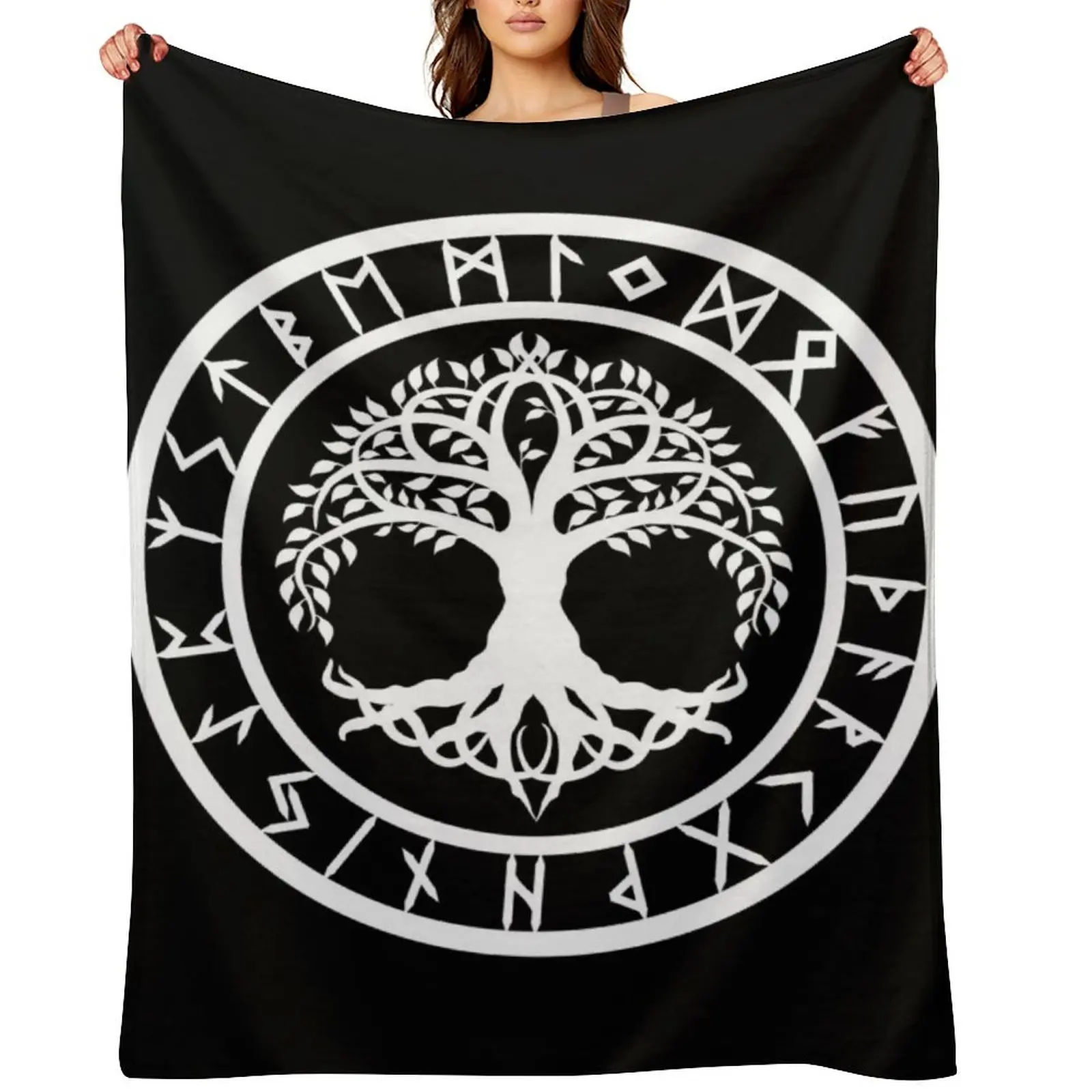 

Yggdrasil /// Rune Circle (Variant II) Throw Blanket Decoratives Sofas Soft Plaid Flannel Blankets