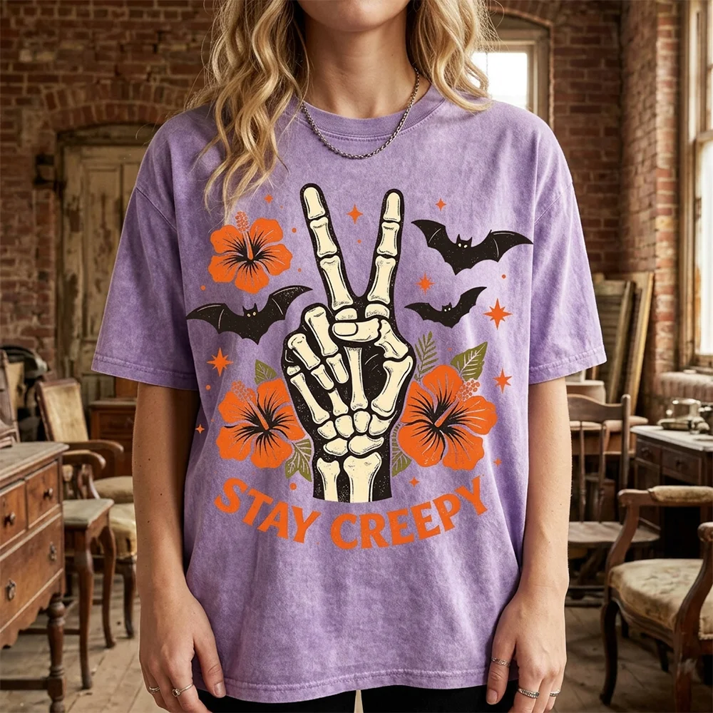 Women T Shirt Stay Creepy Skeleton Peace Hand Print Vintage Purple Washed Oversized Casual Loose Short Sleeve Halloween Graphic
