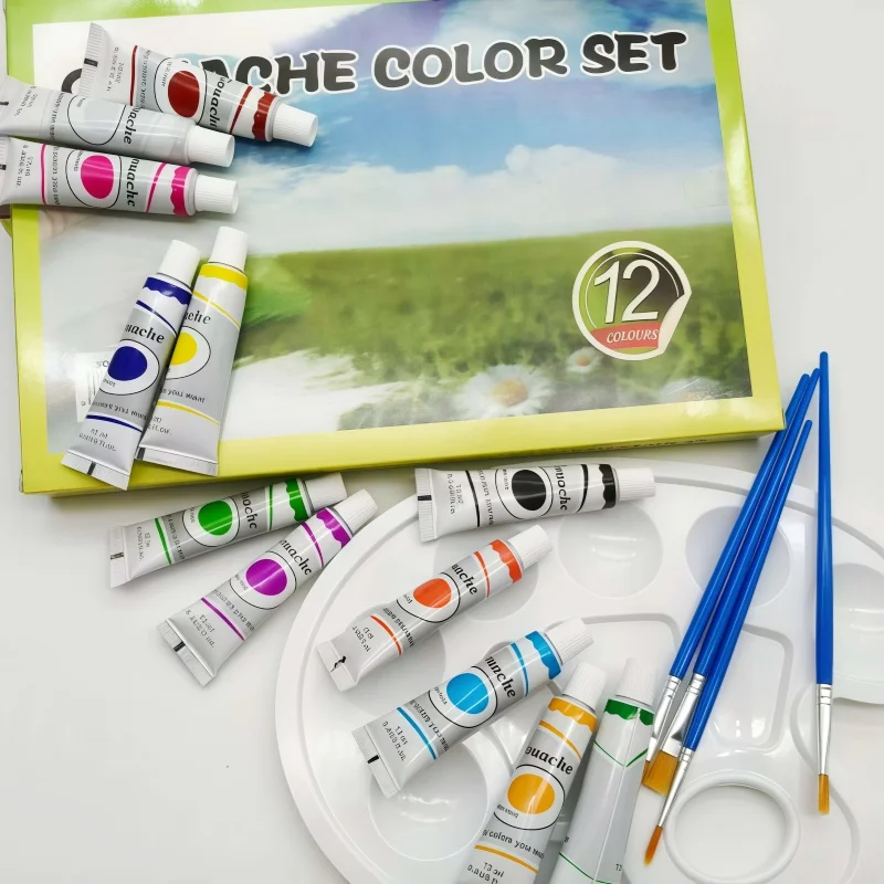 

12 colors of 12ml acrylic paints + 4 brushes + wall painting small box for art students + dye coating for plaster dolls