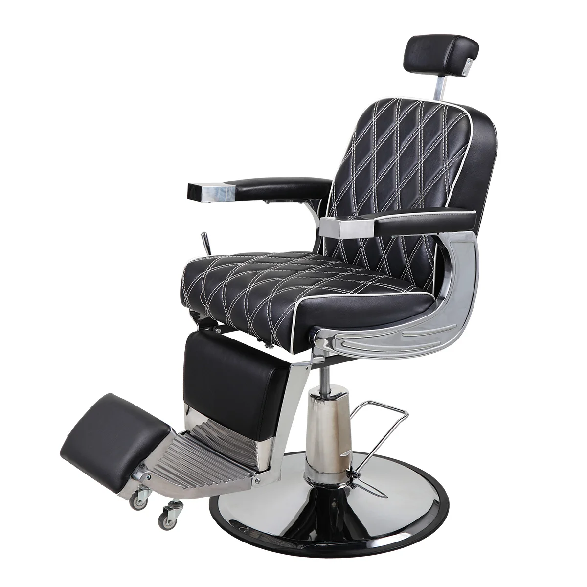 Reclining Barber Chair Hydraulic Salon Chair with Adjustable Headrest and Heavy Duty Base for Hair Cutting, Black+Silver