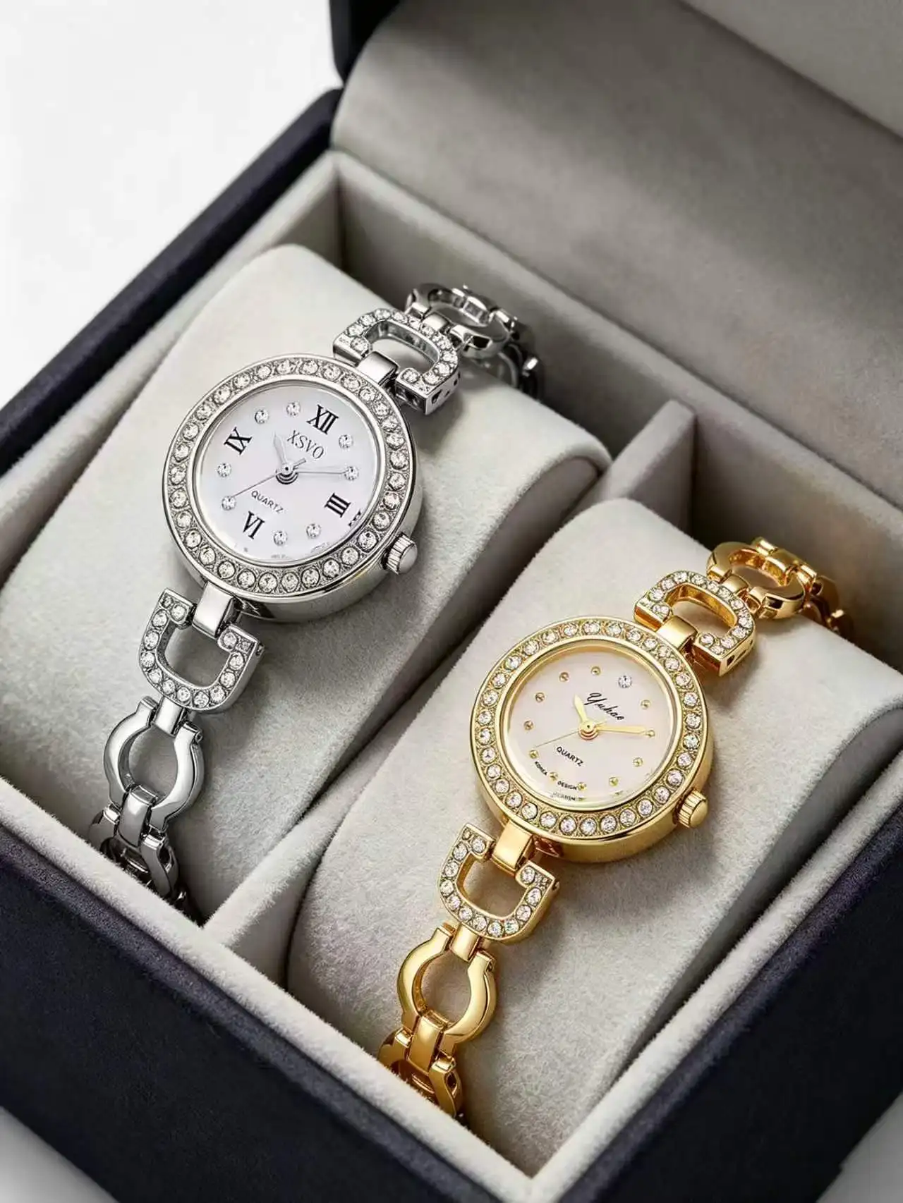 

﻿ New Fashion Small Square Full Diamond Quartz Women's Strap Jewelry Bracele Set, No Gift Box