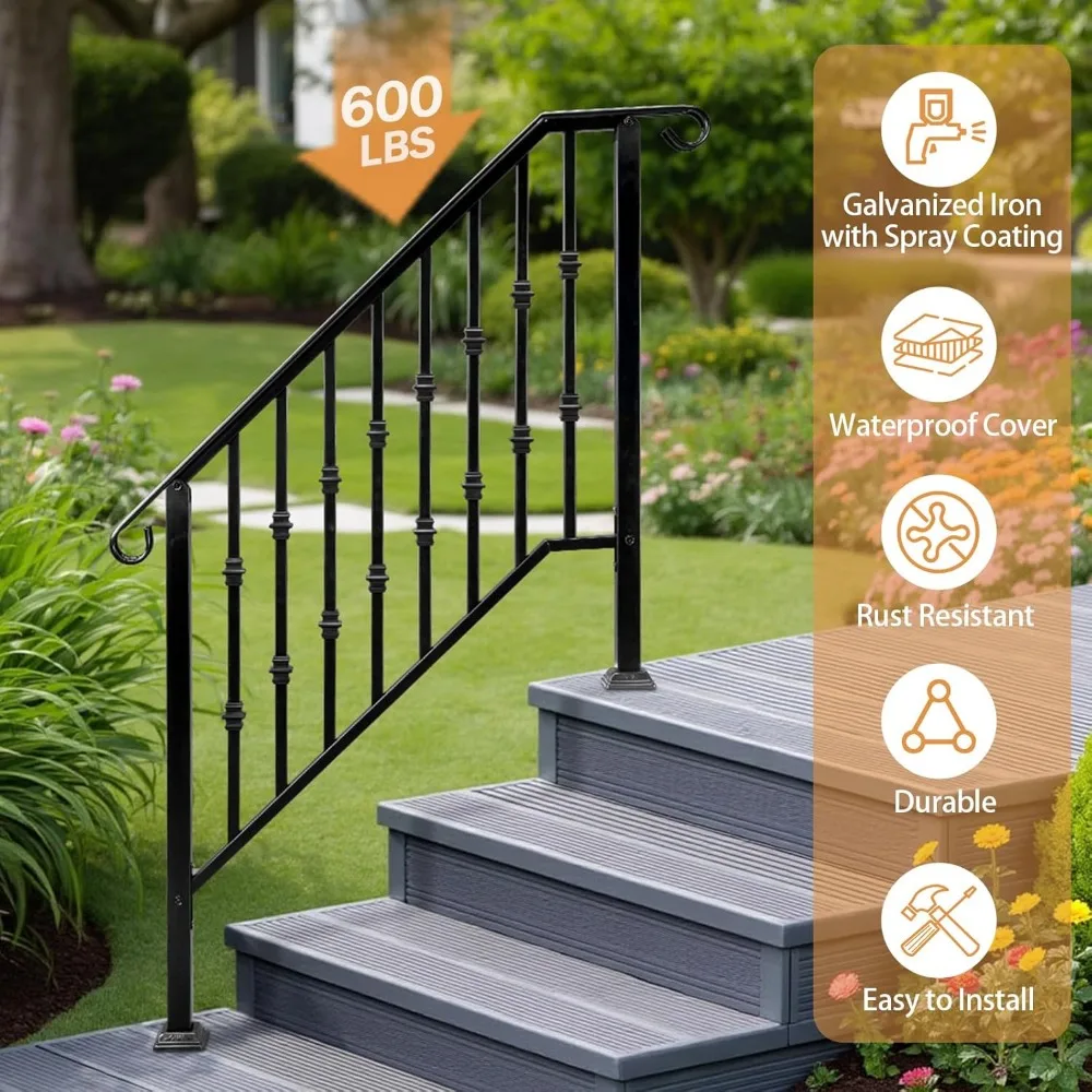 2 Pack 4 Step Handrails for Outdoor Steps, Wrought Iron Stair Railing, Metal Hand Railing with Installation Kit, Staircase Handr