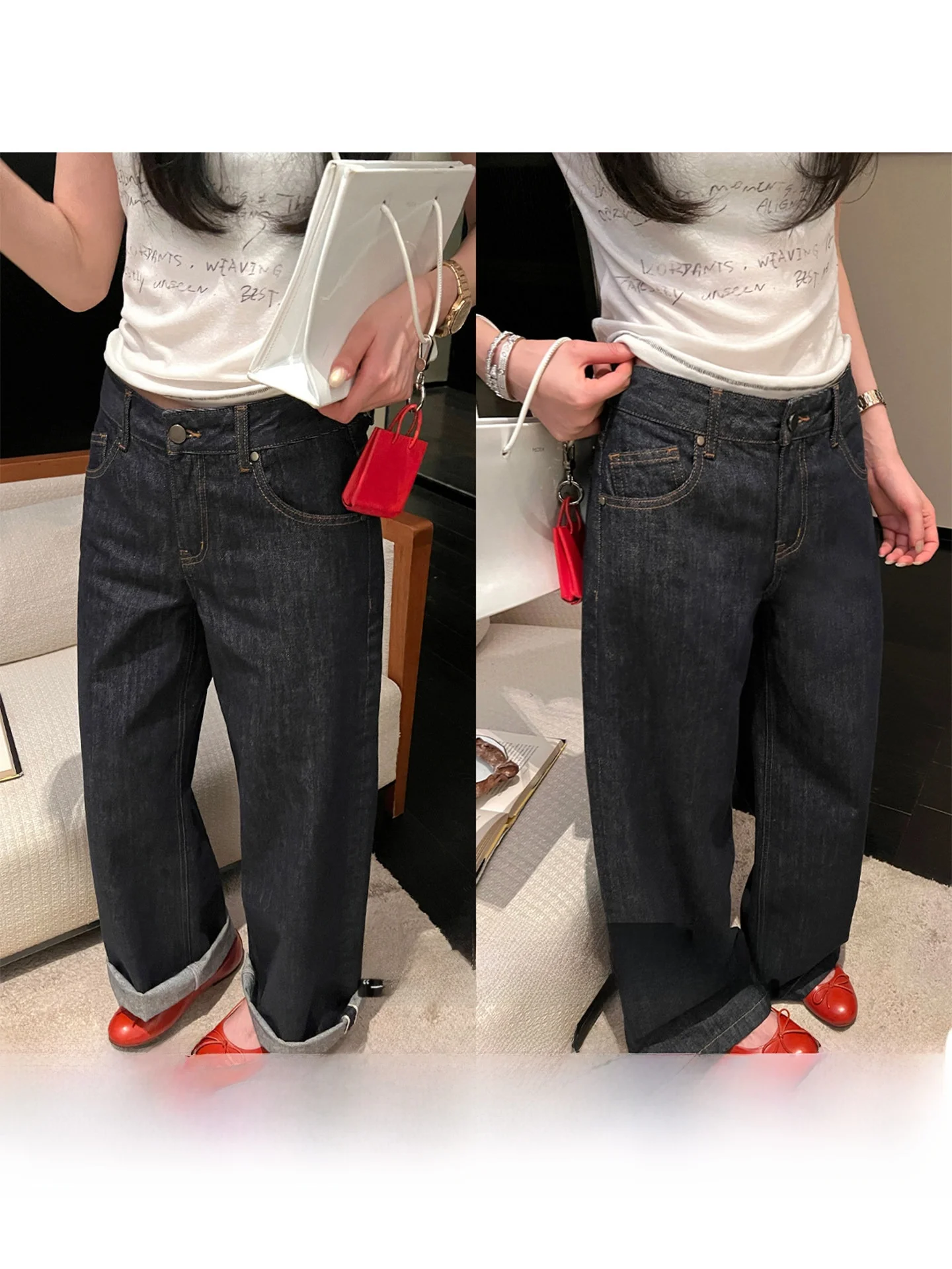 

Low Waist Straight Leg Jeans Vintage Turn up Denim Pants Heavy Du Cotton Ladies Trousers Simple Sle Spring Collection