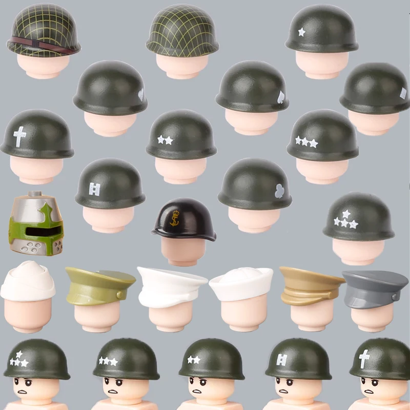 WW2 Military US Soldier Helmet Building Blocks WW1 Cap Figures Hat Armored Vest Headwear Accessories Weapons Gun MOC Bricks Toys