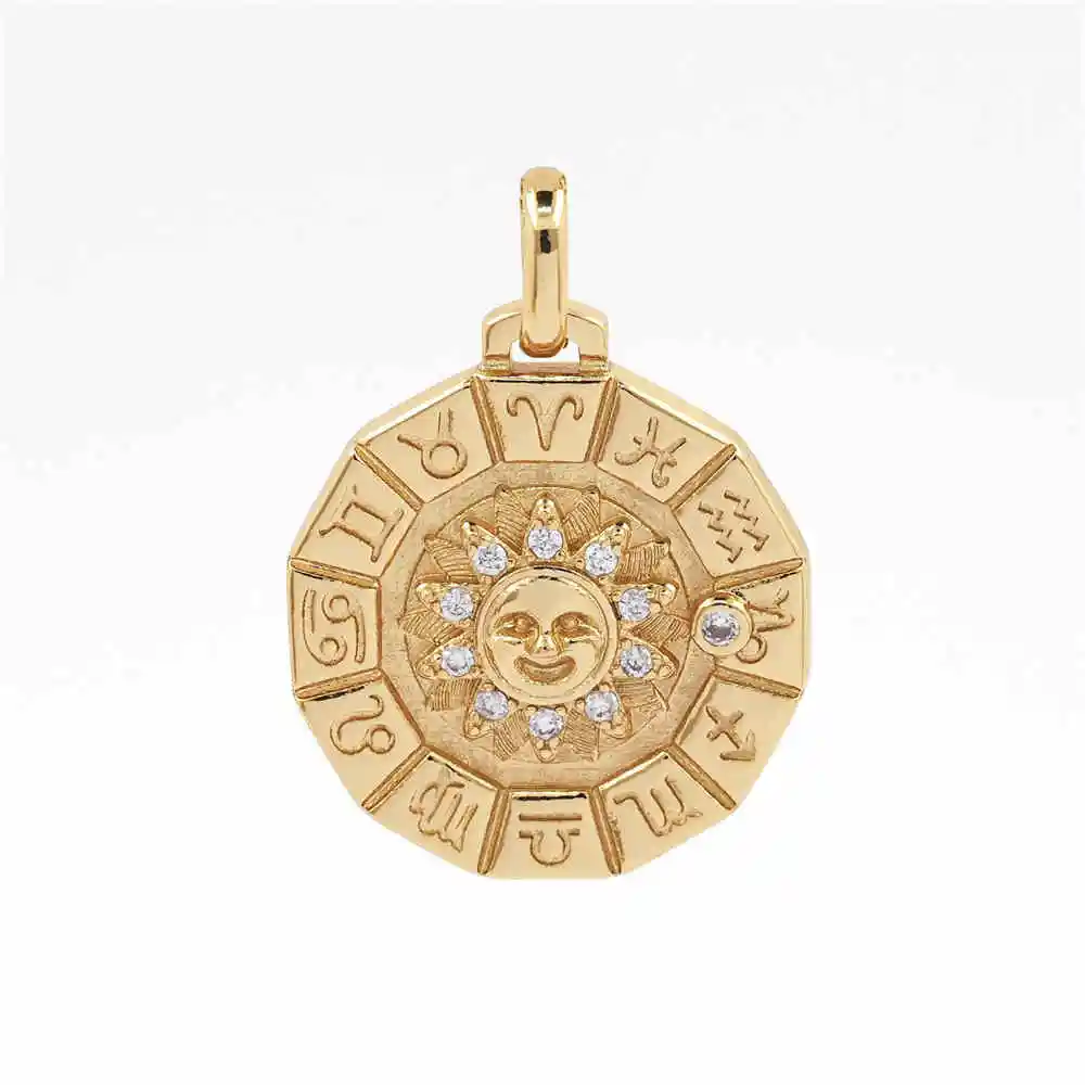 

New Twelve Constellation Sun Face Round Shape Pendant CZ Zircon Gold Plated Necklace Accessories For Women DIY Jewelry Making