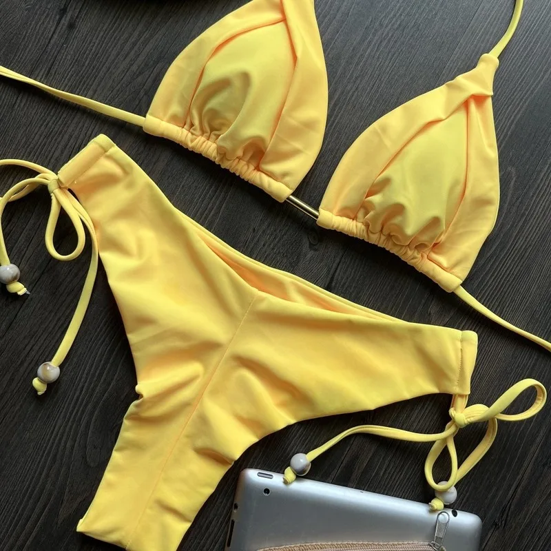 2026 New Womens Sexy Bikini Set Solid Color Swimwear Beach Bathing Suits Ladies Push Up Two Piece Summer Vacation Swim Trunks