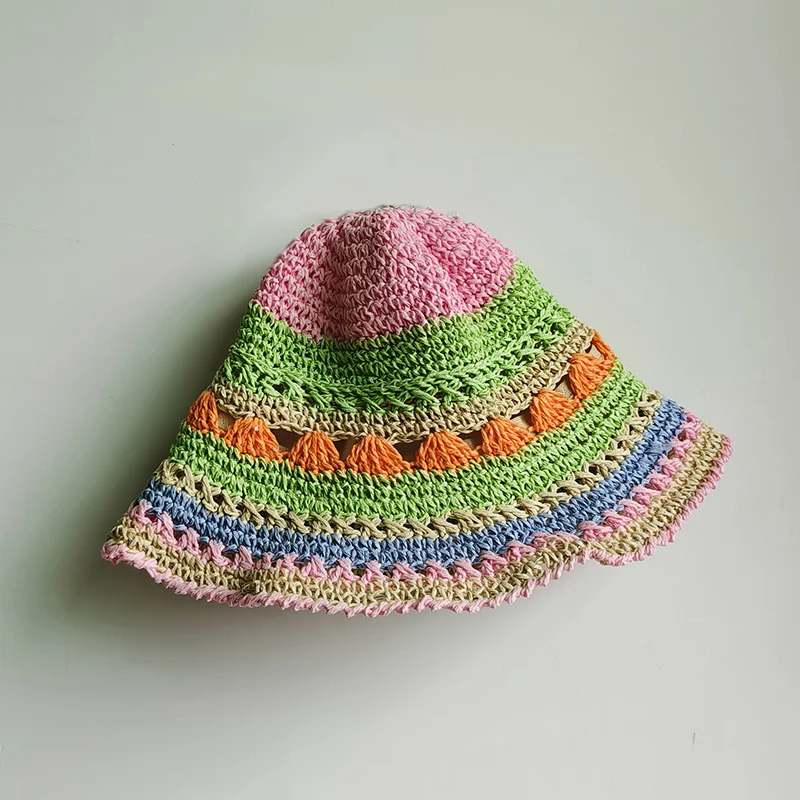 Frauen strohhut sommer Regenbogen Gestreiften Häkeln Gewebt Stroh Eimer Hut sonnenhut mode Faltbare stroh hut reise