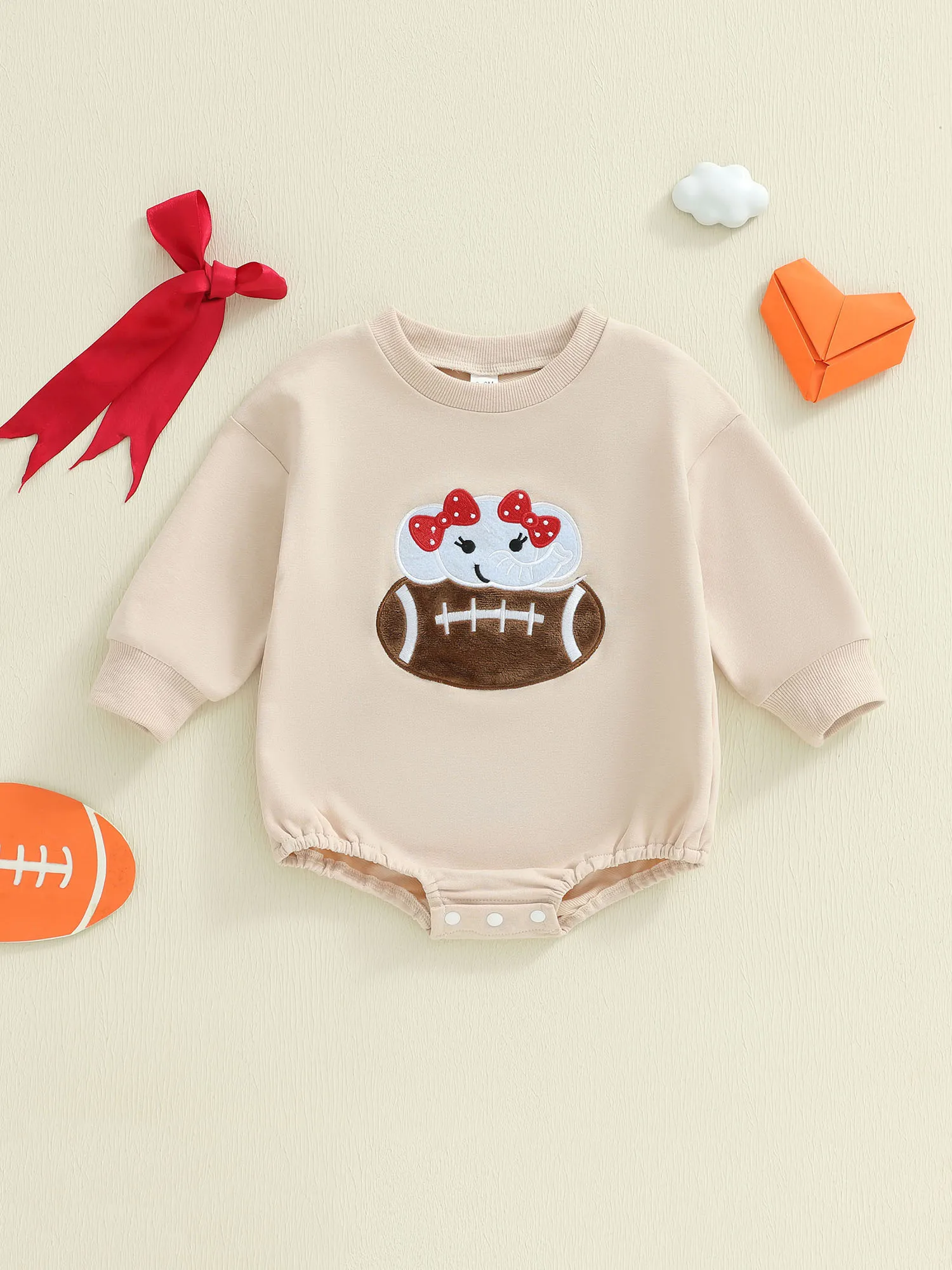 

Infant Girls Autumn Romper with Cute Elephant and Football Embroidery Long Sleeve Round Neck Jumpsuit for Baby Girl
