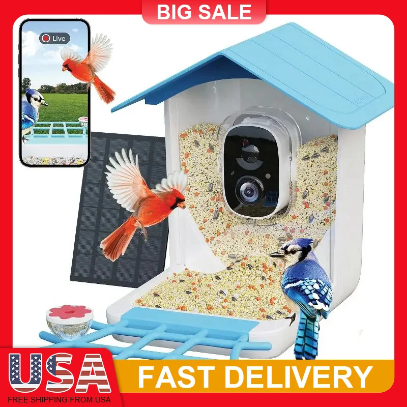 

Smart Bird Feeder with Camera 1080P HD Solar Powered AI Bird Identification Night Vision Audio Waterproof IP65 WiFi Bluetooth