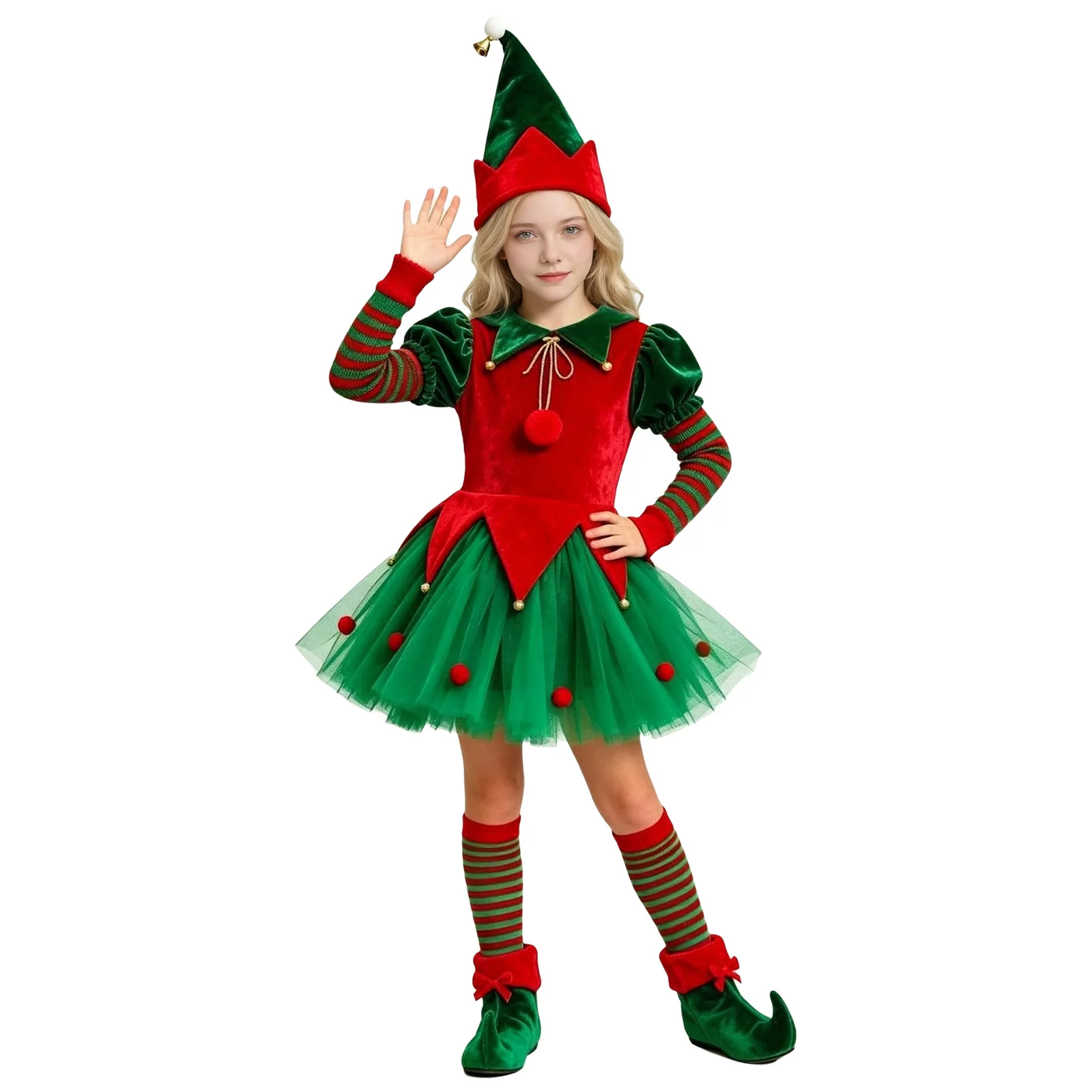 Kids Girls Christmas Elf Costume Long Sleeves Velvet Bodice Tulle Dress with Hat Socks Shoe Covers for Xmas Party Performance