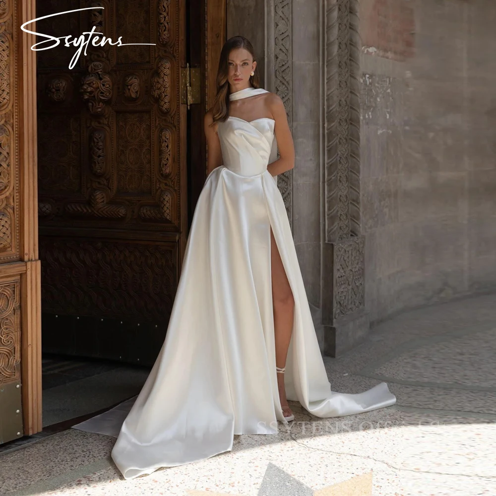 

SSYTENS Customized Sleeveless Satin Wedding Dresses Sweetheart A-Line Backless Lace Up Back Bridal Gown Slit vestidos de novia