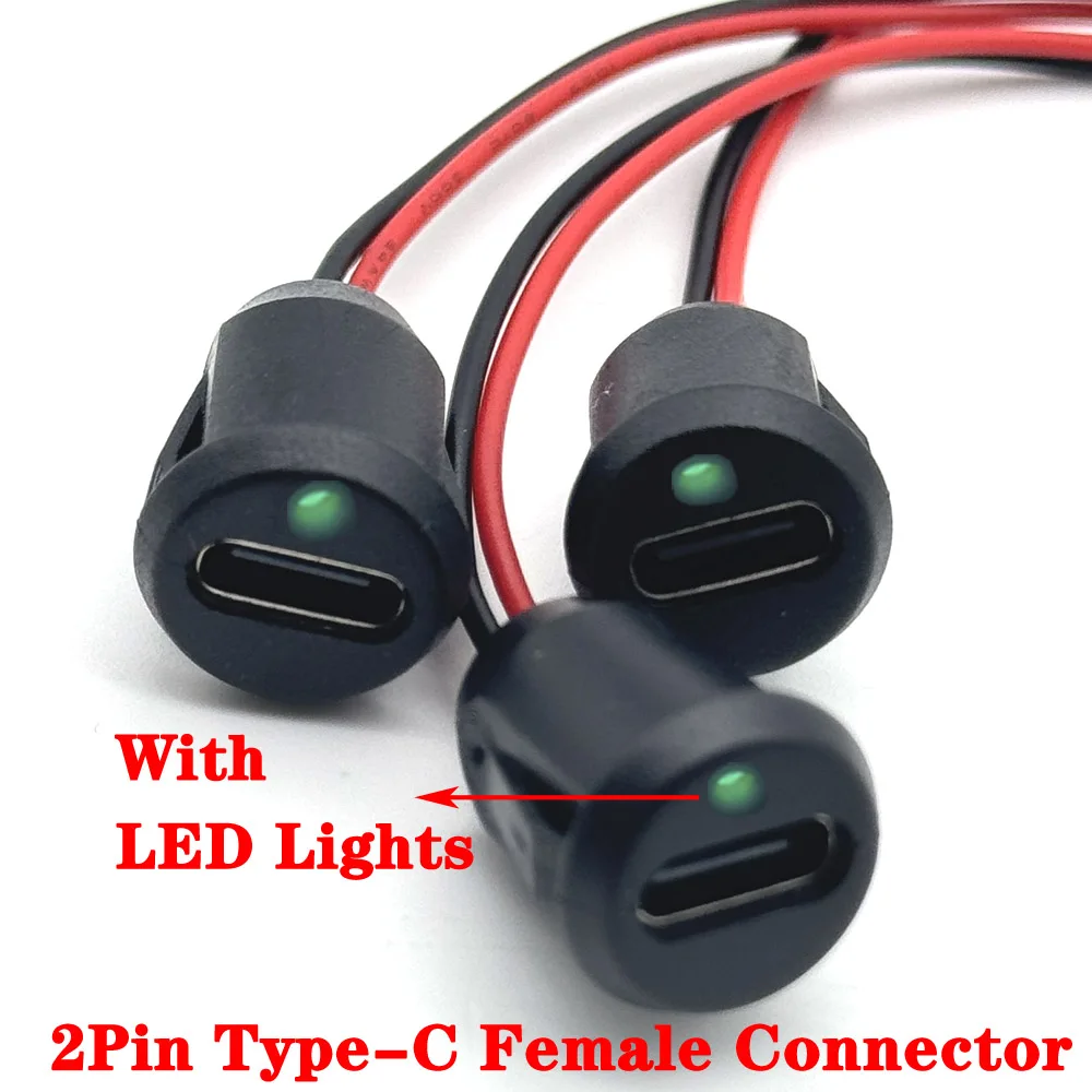 2pin With LED lights 24Awg USB Type C Direct compression Charging Socket Plate Waterproof USB-C Power Port Female Connector Jack