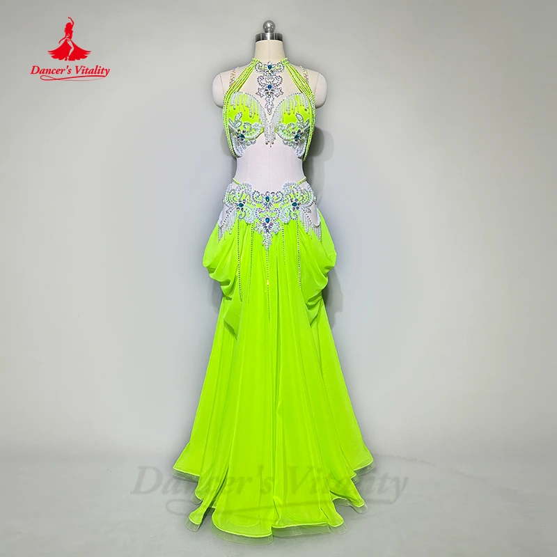 

Belly Dance Performance Costume Suit for Women Cusotmsized AB Stones Perles Bra+long Skirt 2pcs Girl Oriental Stage Wear Outfit