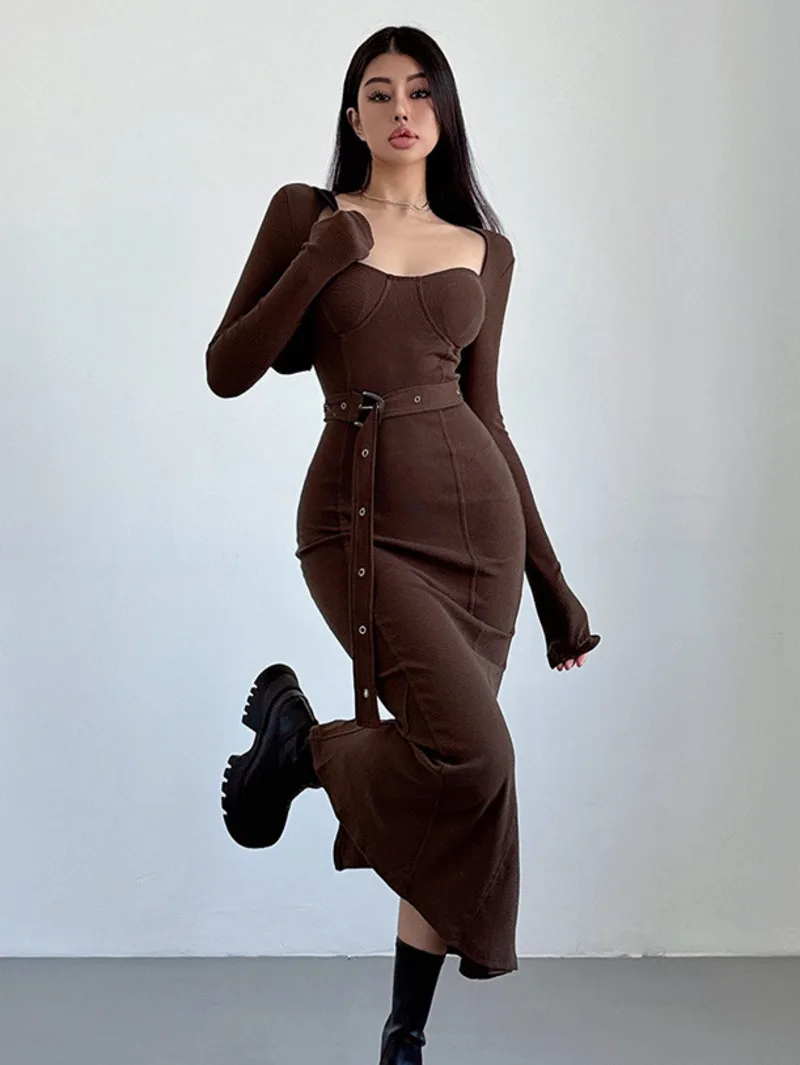 WOMENGAGA Fishbone Belt Dress Elegant Women's Back Split Fish Tail With Chest Pads Dresses 2024 New Fashion Women Tops B8VP