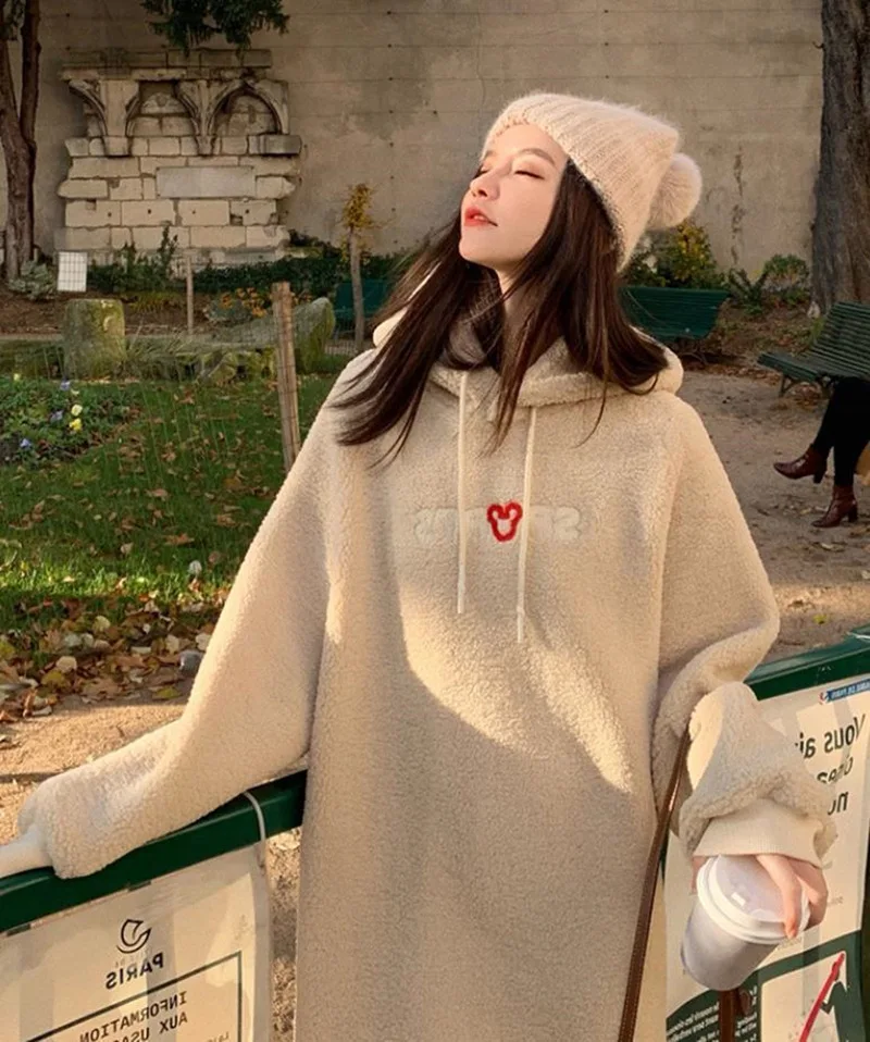 New Pregnant Women Korean Loose Thickened Warm Imitation Fur One-piece Long Knee Hooded Lamb Wool Sweater Dress Maternity Dress