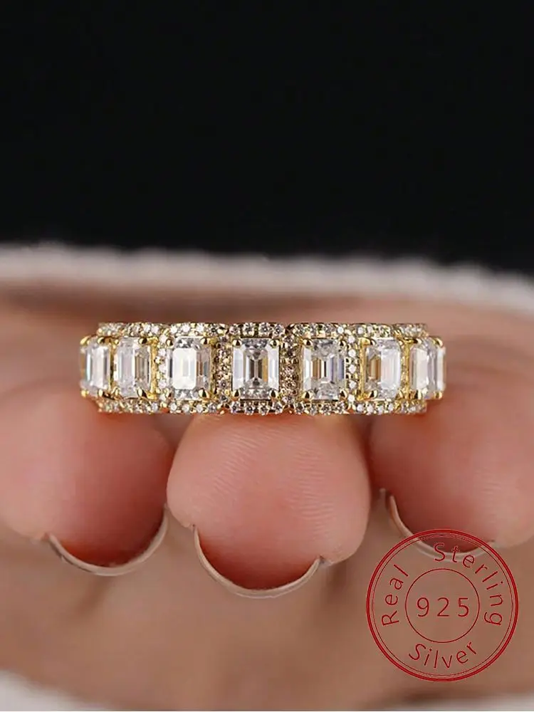 

925 Sterling Silver Fashion Golden Rectangular Zircon Ring For Women Engagement Wedding Simple High Quality Fine Jewelry
