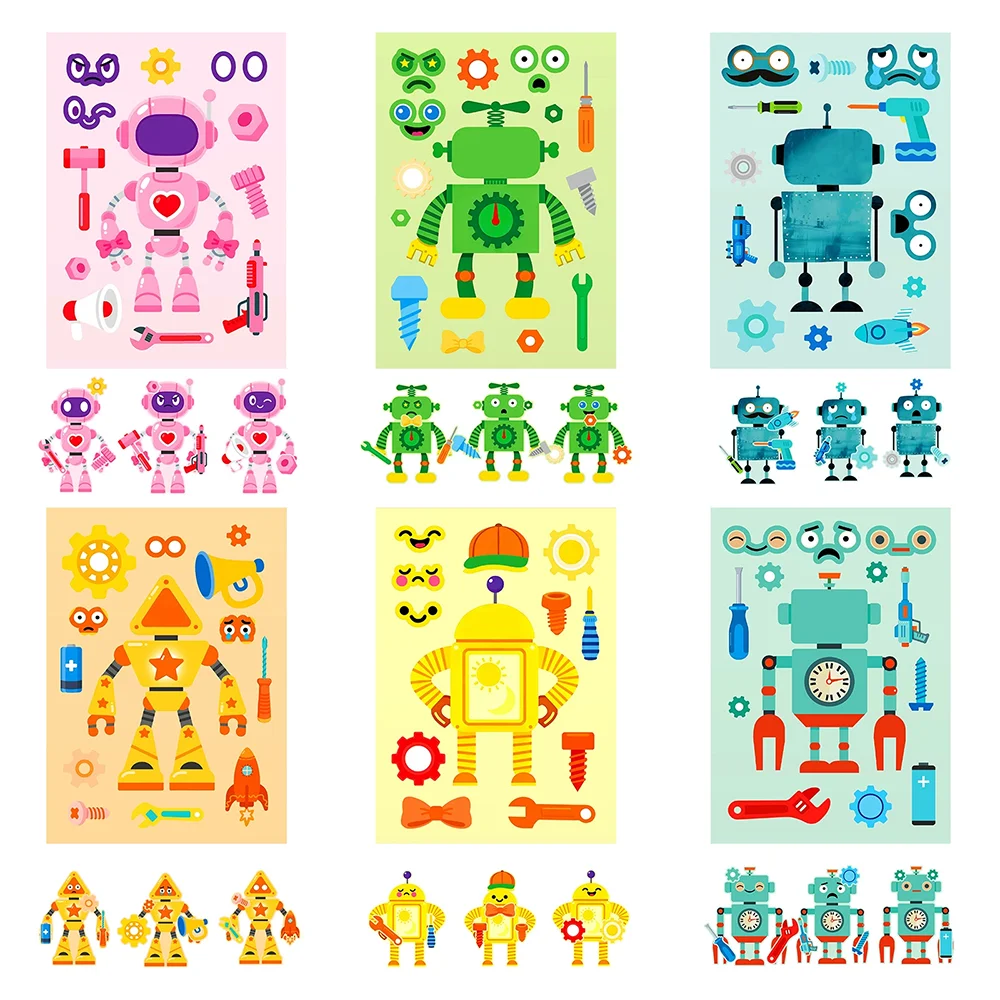 6/12Sheets Cartoon Robot Face Puzzle Stickers PVC Material Creative DIY Your Own Robot Children’s Puzzle Stickers Party Gifts.