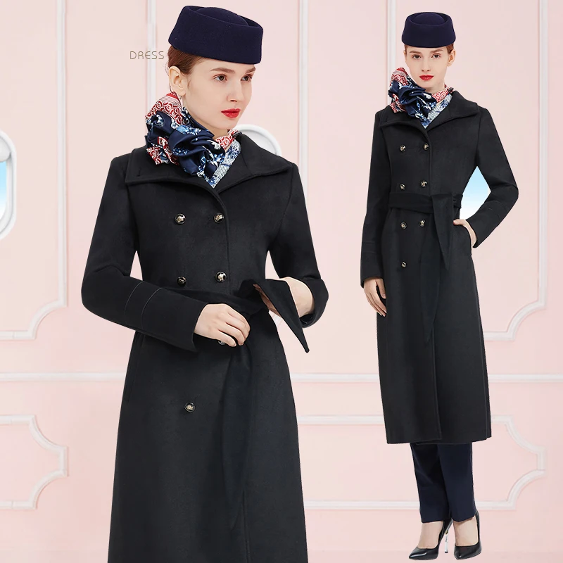 Airline Stewardess Uniform Professional Suit Autumn Winter Clothing Women Black Medium Length High Grade Slim Wool Coat Lady