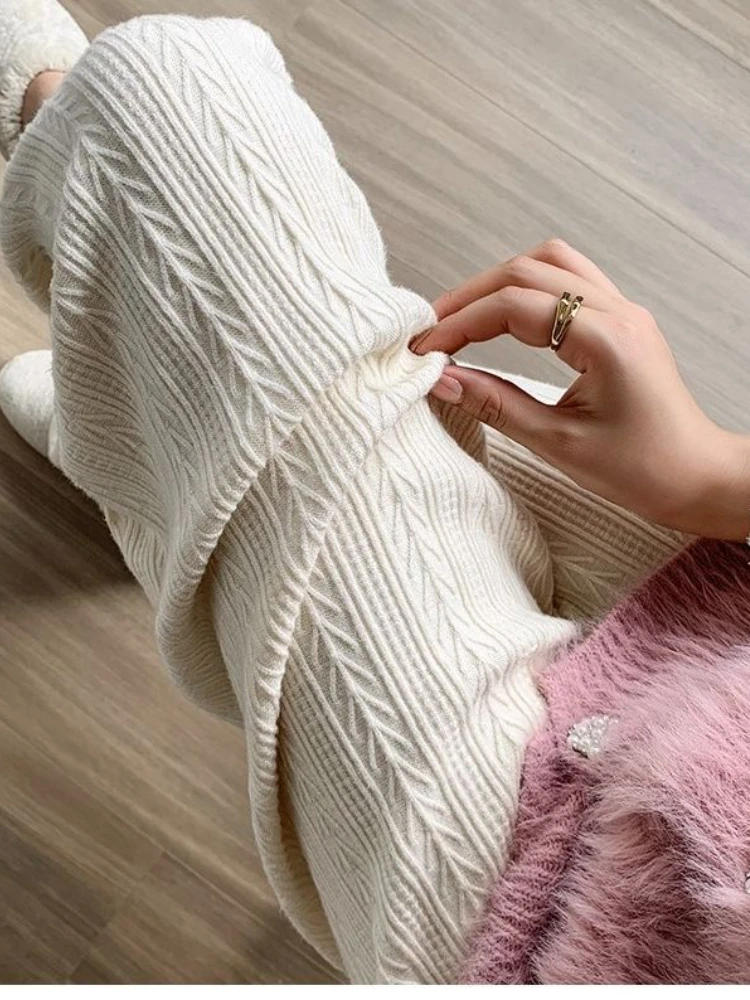 2026 New Women's Pants White Knitted Wide Leg Pants Solid Color High Waist Women Pants Versatile Casual Stripe Woman Trousers