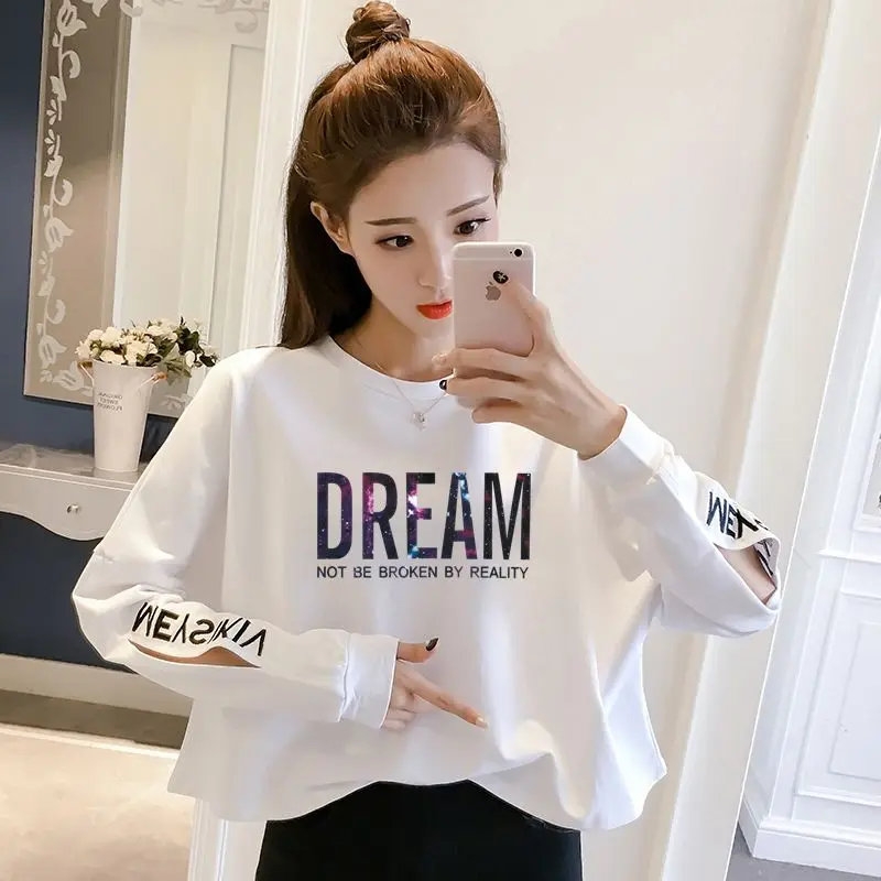 Fashion Embroidery Hollow Out Letter Casual T-Shirt Female Clothing 2023 Autumn New Oversized Korean Tops All-match Tee Shirt