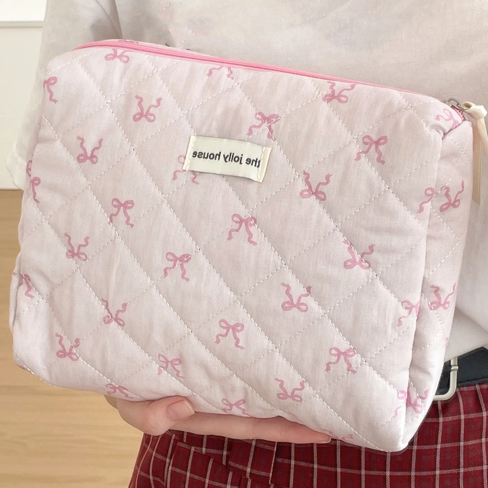 Portable Cloth Bow Cosmetic Handbag 3D Large Capacity Embroidered Makeup Bag Clutch Purse Multi-functional Wash Bag Girls