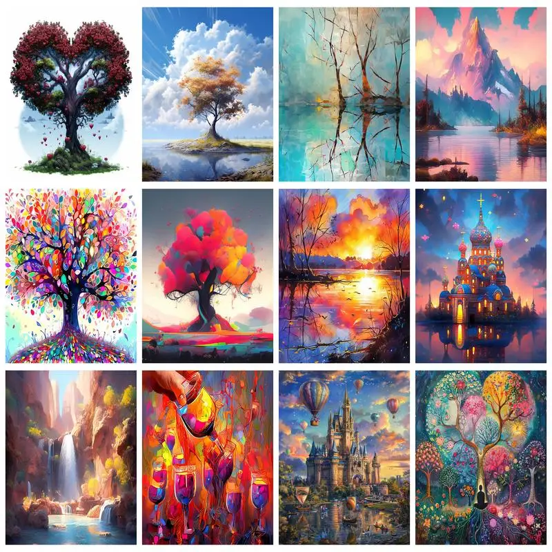 

RUOPOTY Diamond Painting Heart Tree Abstract Landscape Cross Stitch Full Round Rhinestones Forest Embroidery Home Decor