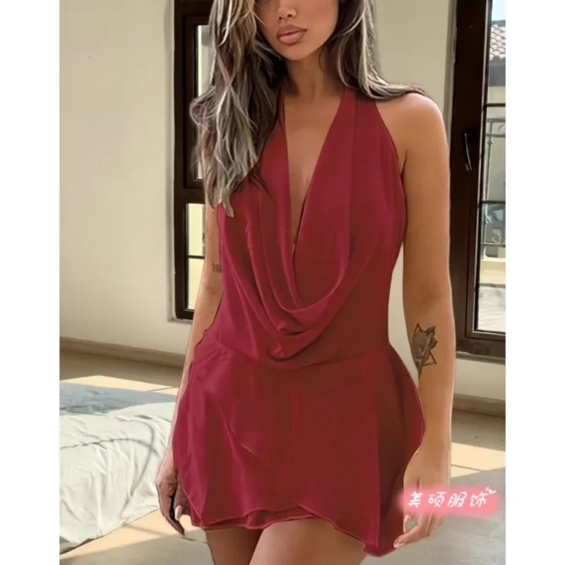 여성 여름 미니 드레스 패션 솔리드 민소매 섹시 백리스 로우 체스트 V넥 홀터 드레스 캐주얼 스트리트웨어 여성 베스티도스