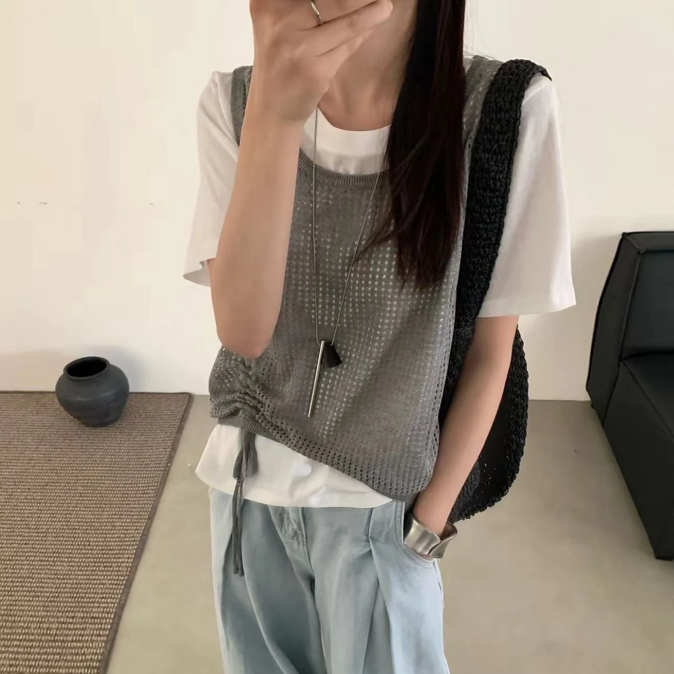 Korean Style Lazy Drawstring Design Short Sleeve T-Shirt Two-Piece Set Women's Loose Fit round Neck Regular Length Summer 2026
