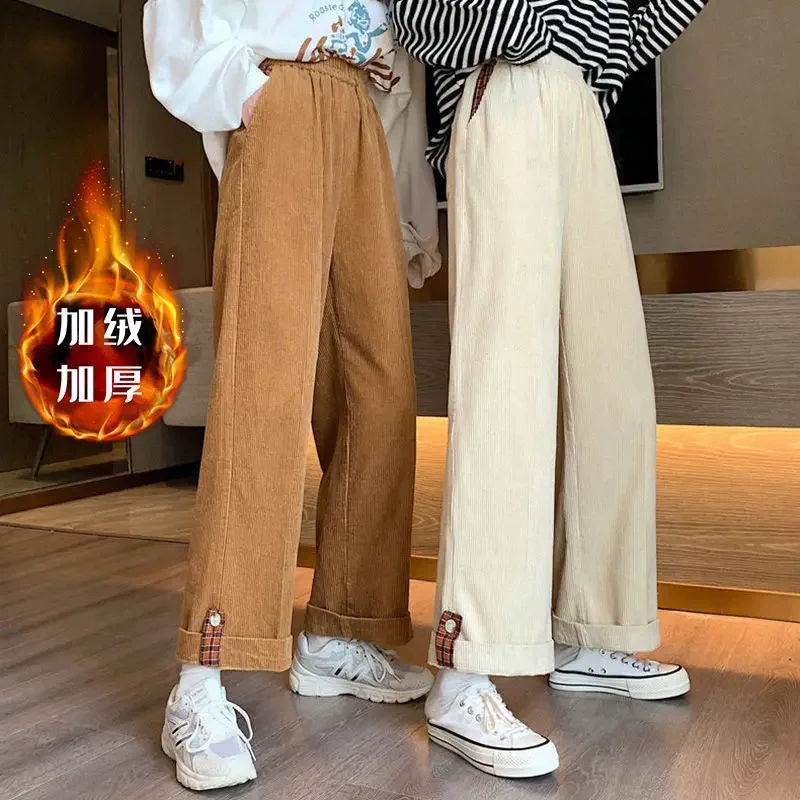 Women Autumn and Winter New Korean Version of Plush and Thickened Long Pants Loose and Casual Pants for Students with Wide Legs