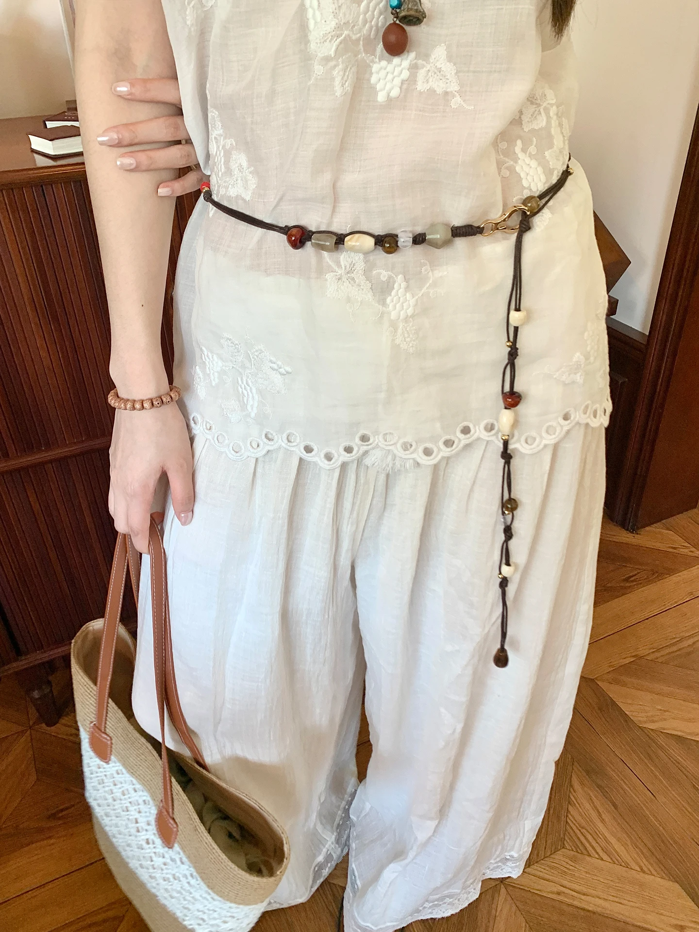 Vintage High-End HandmadeBeaded Long Thin Waist Rope Women's Pants Dress Decoration Waist Chain Coffee Brown Belt