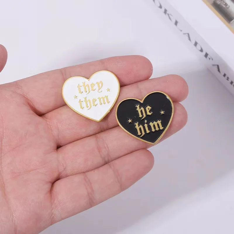 Cute Heart Shape Enamel Pin Gold Color Side He/Him She /Her Geometry Brooches Lapel Bag Pins Jewelry Gifts For Lovers Wholesale