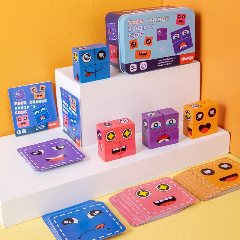 Kids Face Change Cube Game Montessori Expression Puzzle Building Blocks Toys Early Learning Educational Match Toy for Children